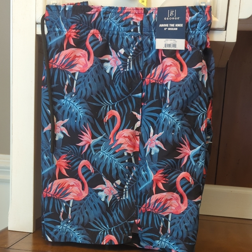 George Pink Flamingo Swim Trunks L 36/38 NWT